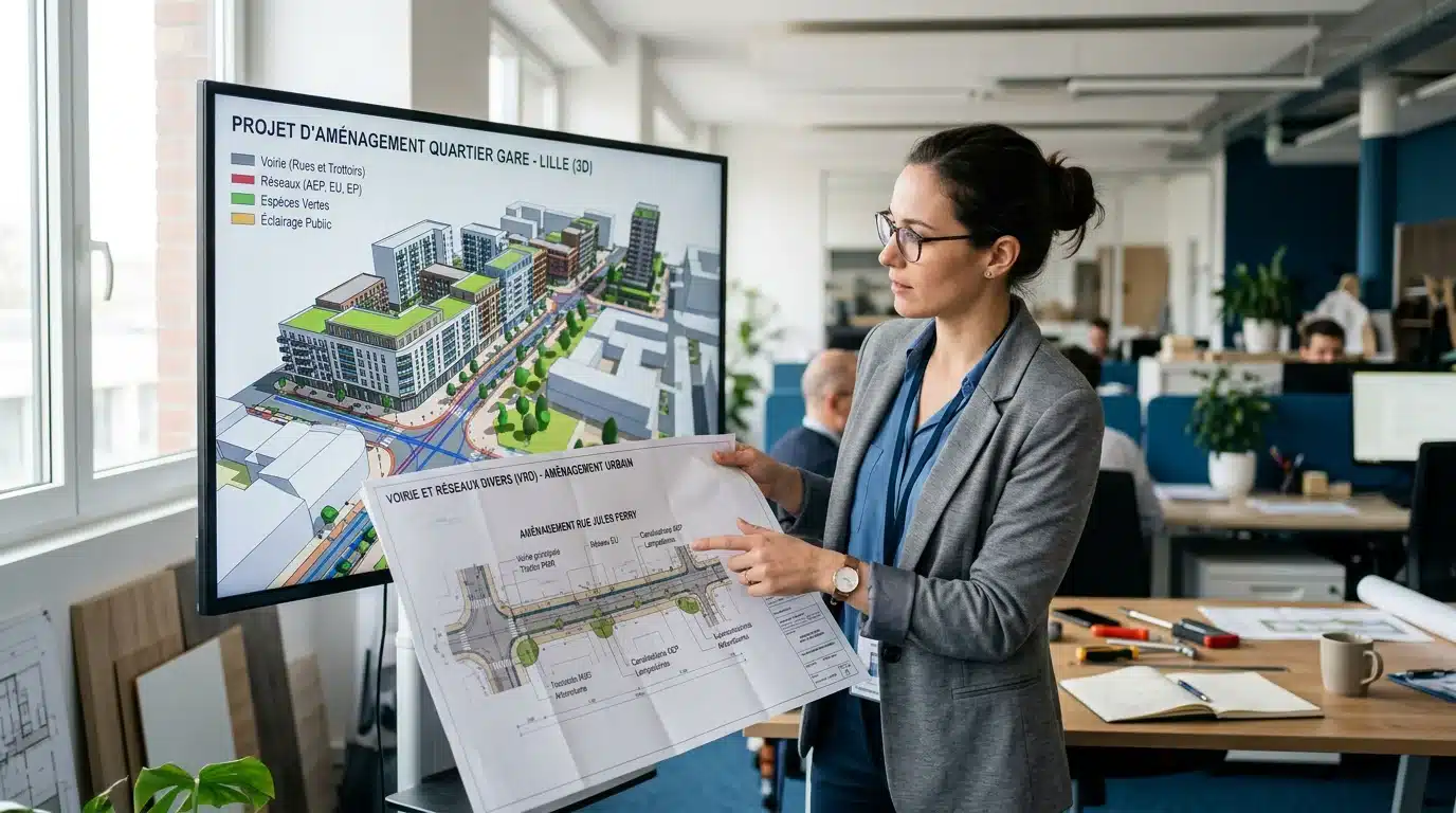 Ingénieur d'un bureau d'études VRD analysant un plan d'aménagement urbain