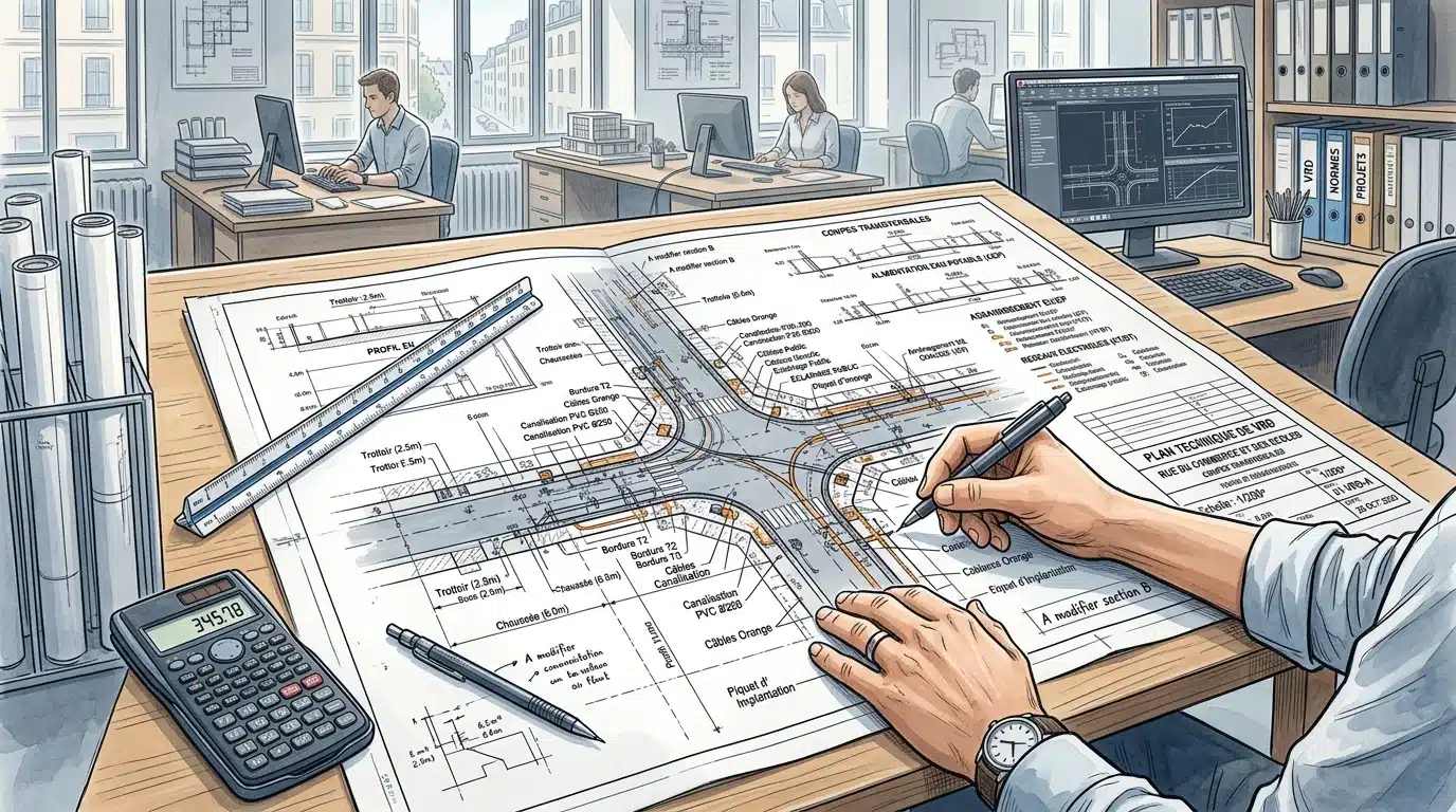 Plan technique de voirie et réseaux divers sur une table de bureau d'études