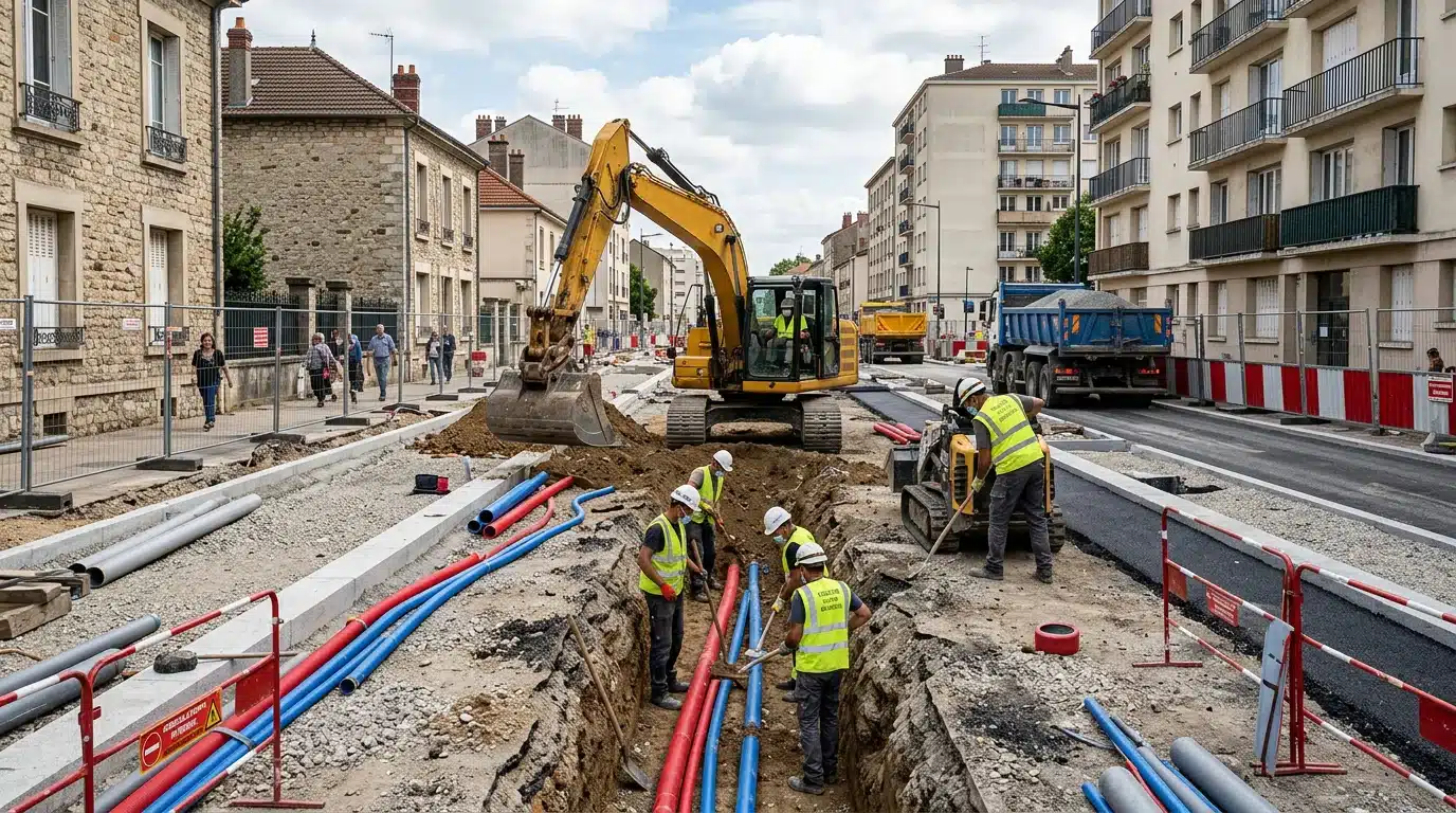 Chantier de travaux publics avec tranchées de réseaux et voirie en construction