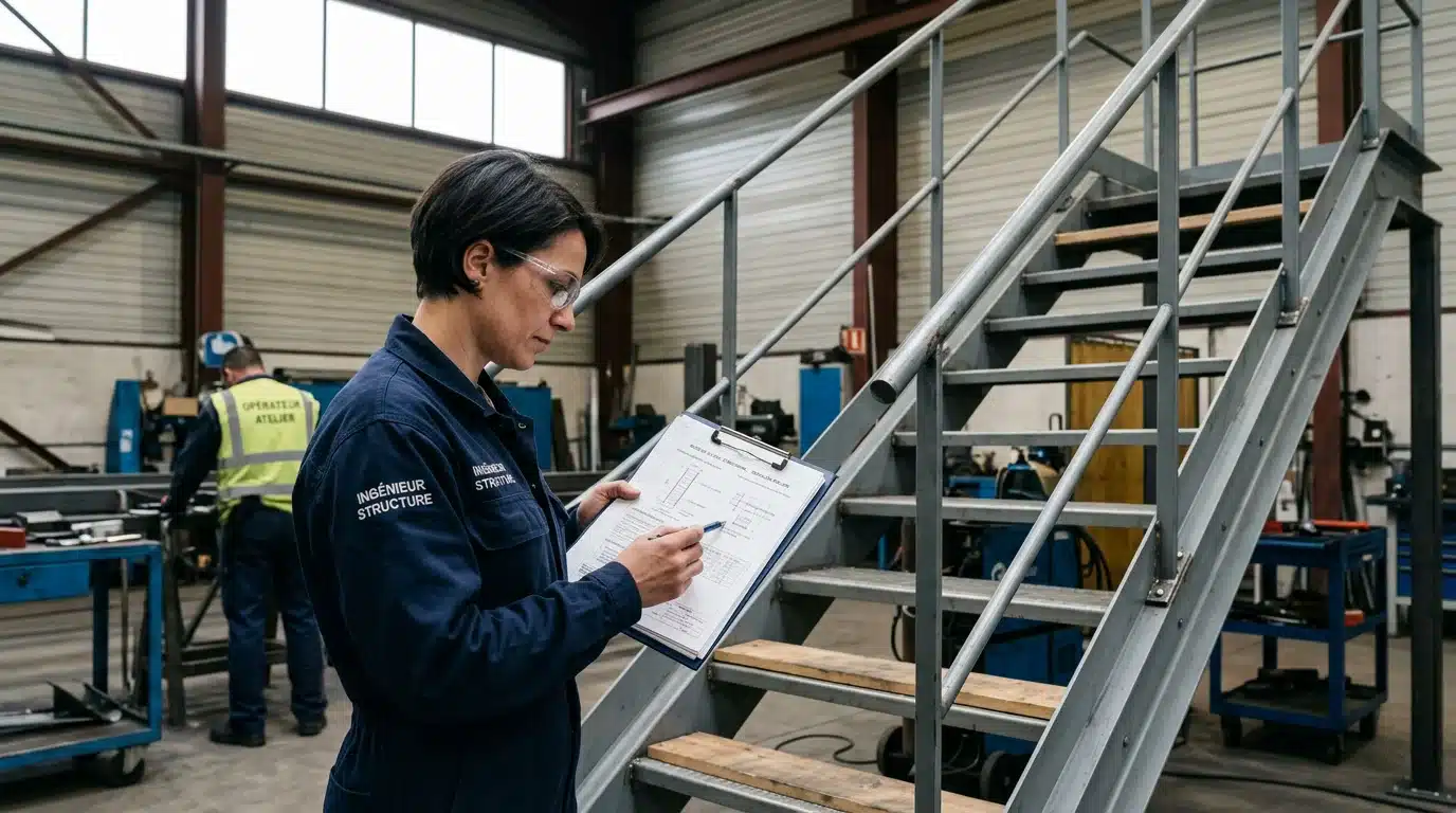 Ingénieur vérifiant une note de calcul devant un escalier métallique en atelier