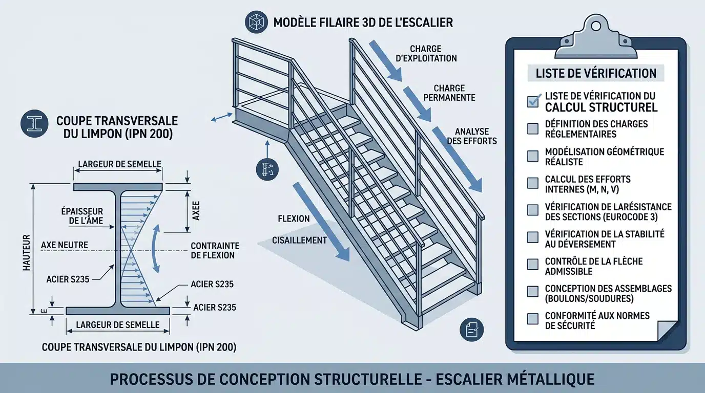 Schéma des étapes de dimensionnement d'un escalier métallique