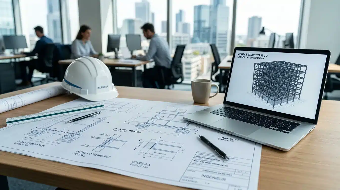 Bureau d'un ingénieur structure avec plans techniques et maquette 3D