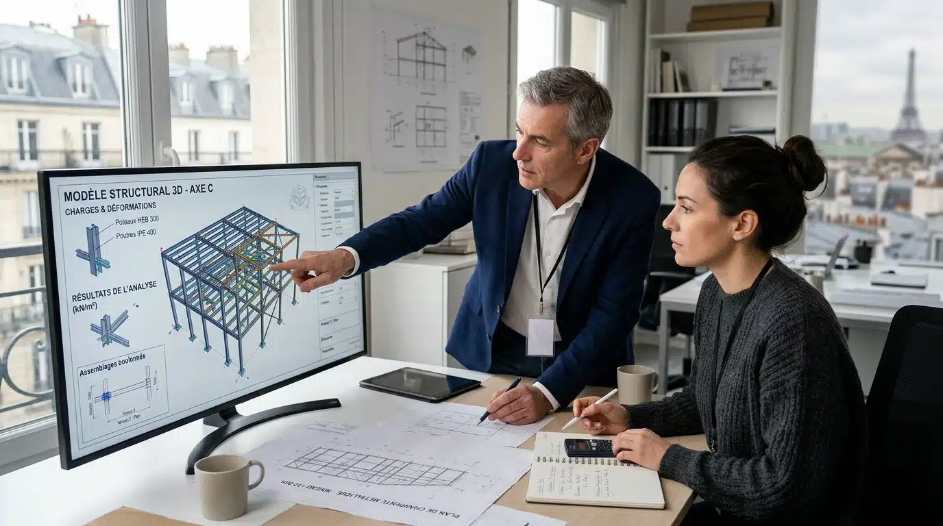 Deux ingénieurs analysant un modèle de structure métallique sur écran