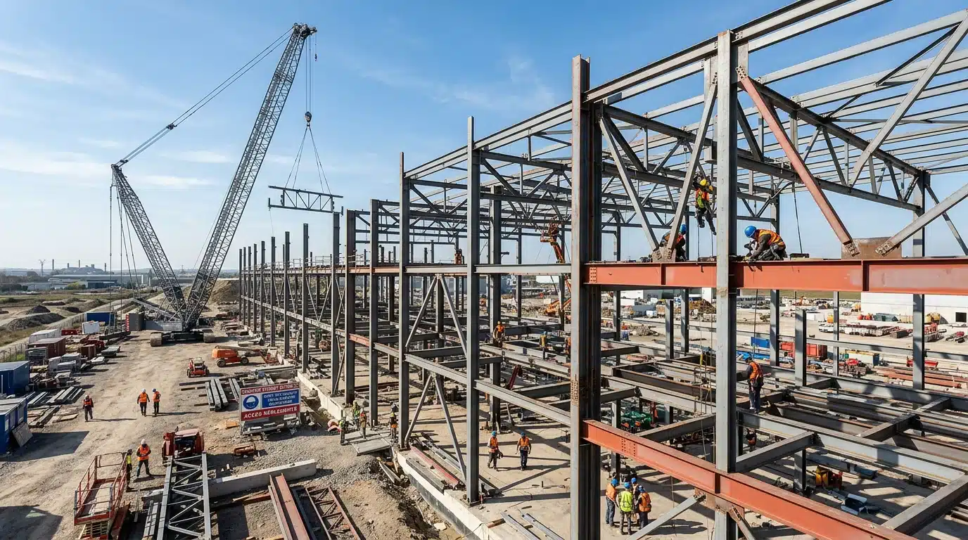 Chantier de structure métallique en cours d'assemblage
