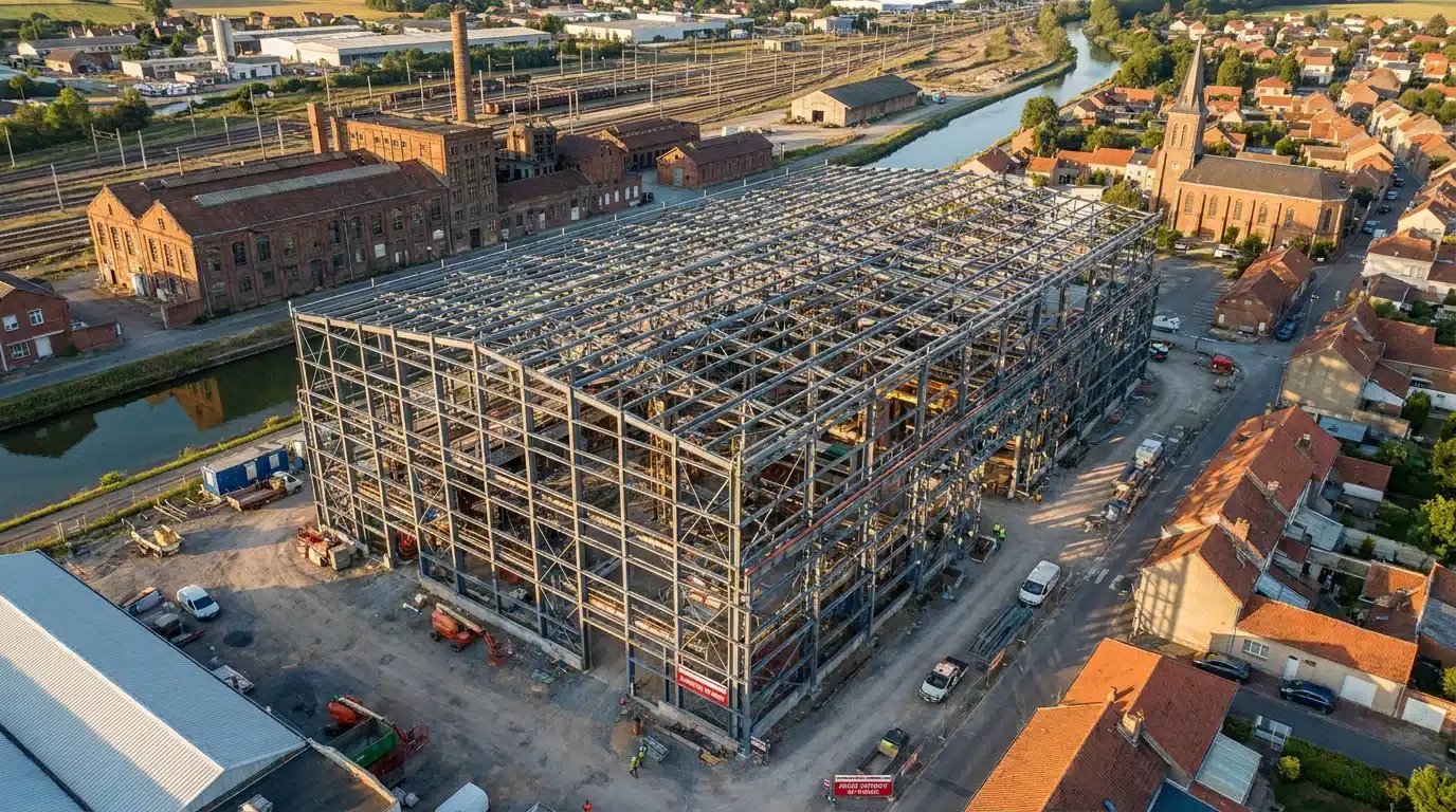Bâtiment industriel à charpente métallique en France, vue d'ensemble de la structure acier