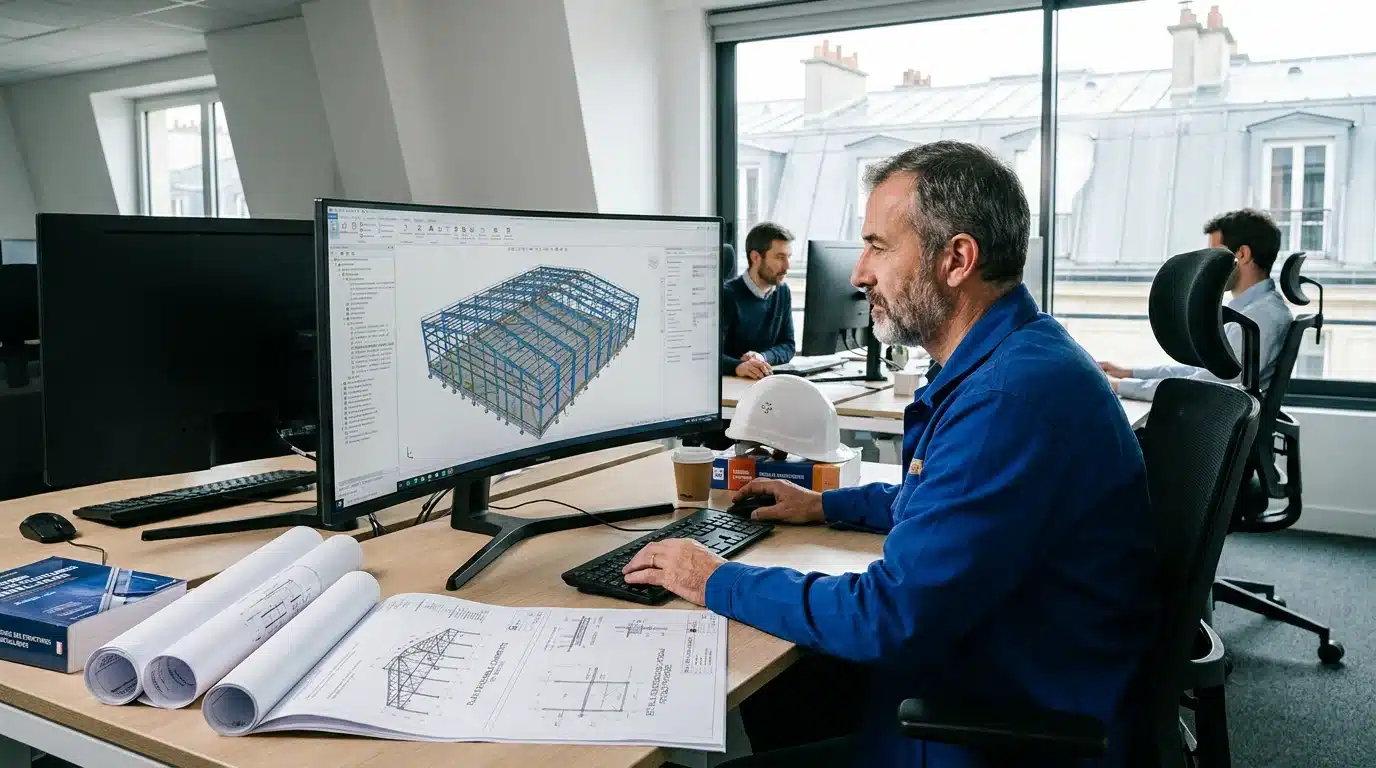 Ingénieur structure modélisant une charpente métallique en 3D dans un bureau d'études en France