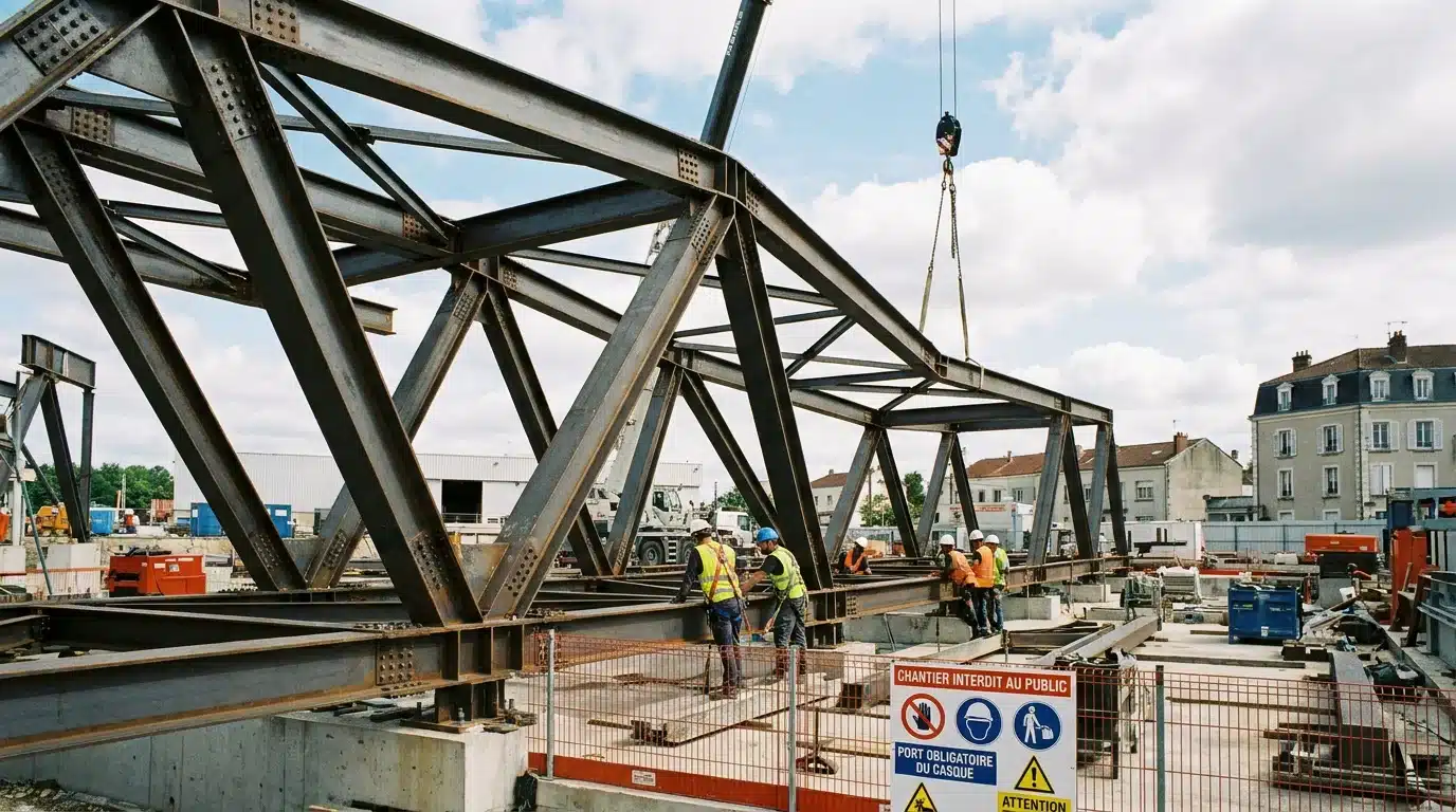 Montage d'une charpente métallique sur un chantier de construction en France