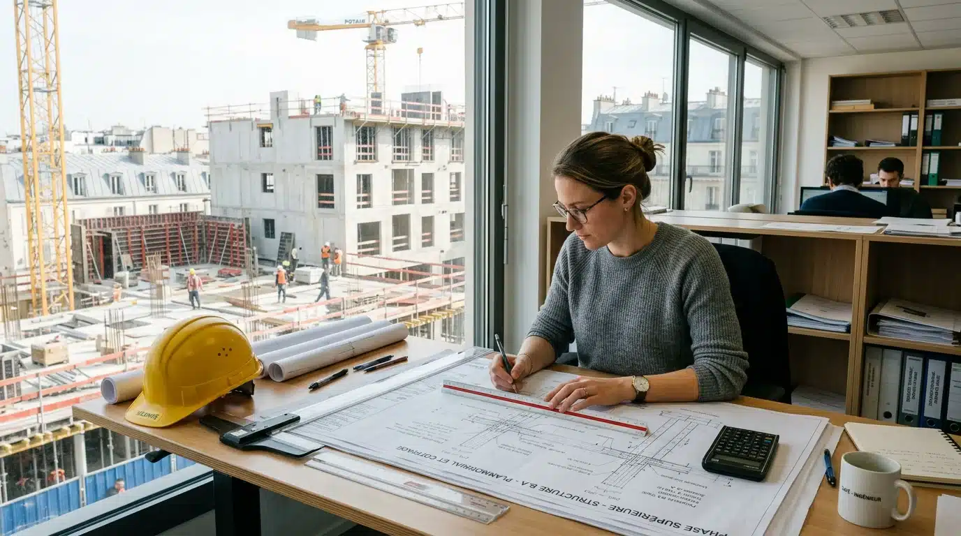 Ingénieur d'un bureau d'études structure examinant des plans béton armé