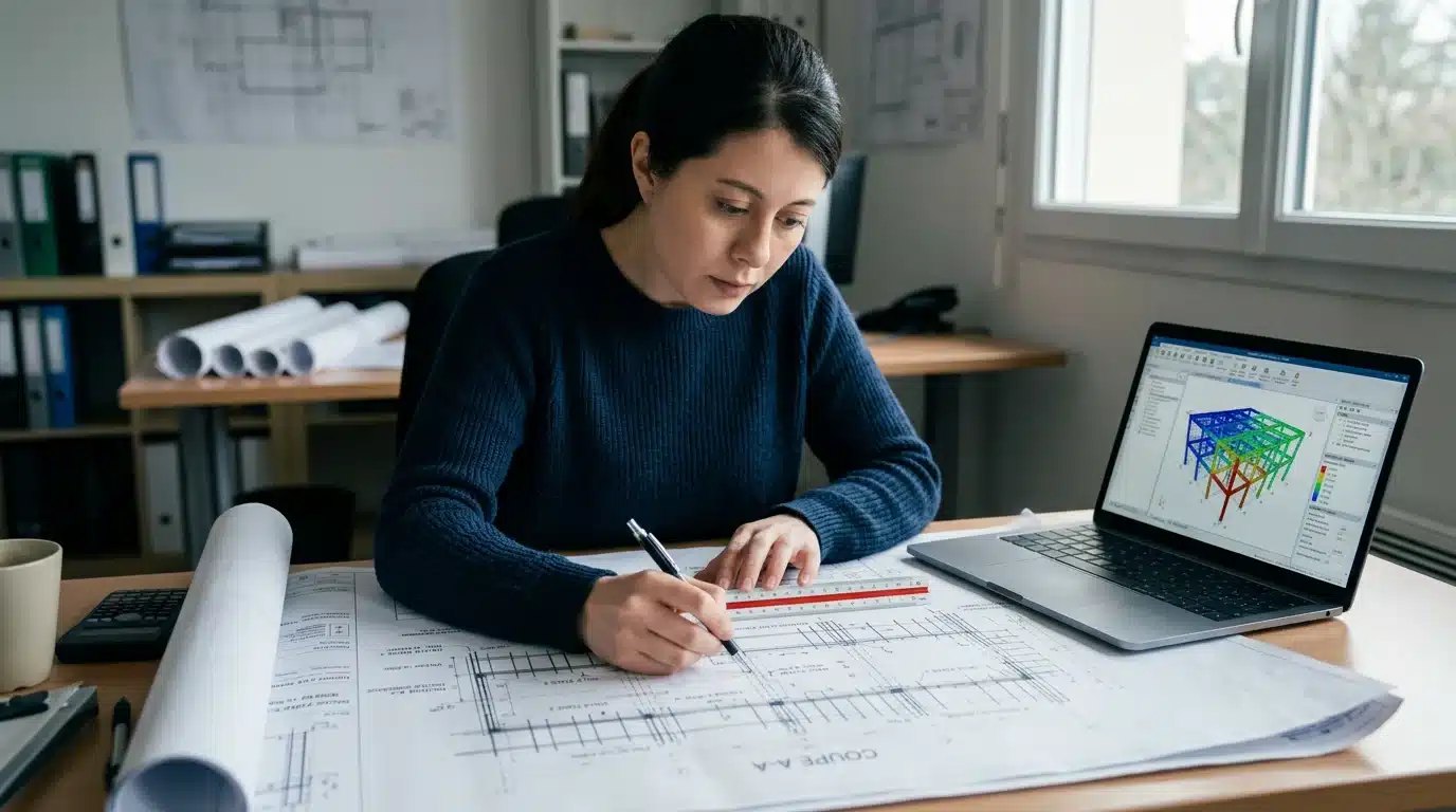Ingénieur structure analysant des plans de ferraillage en béton armé