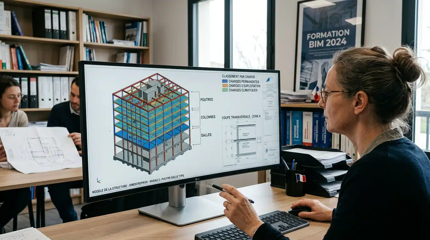 Modèle BIM d'une structure de bâtiment sur écran d'ingénierie