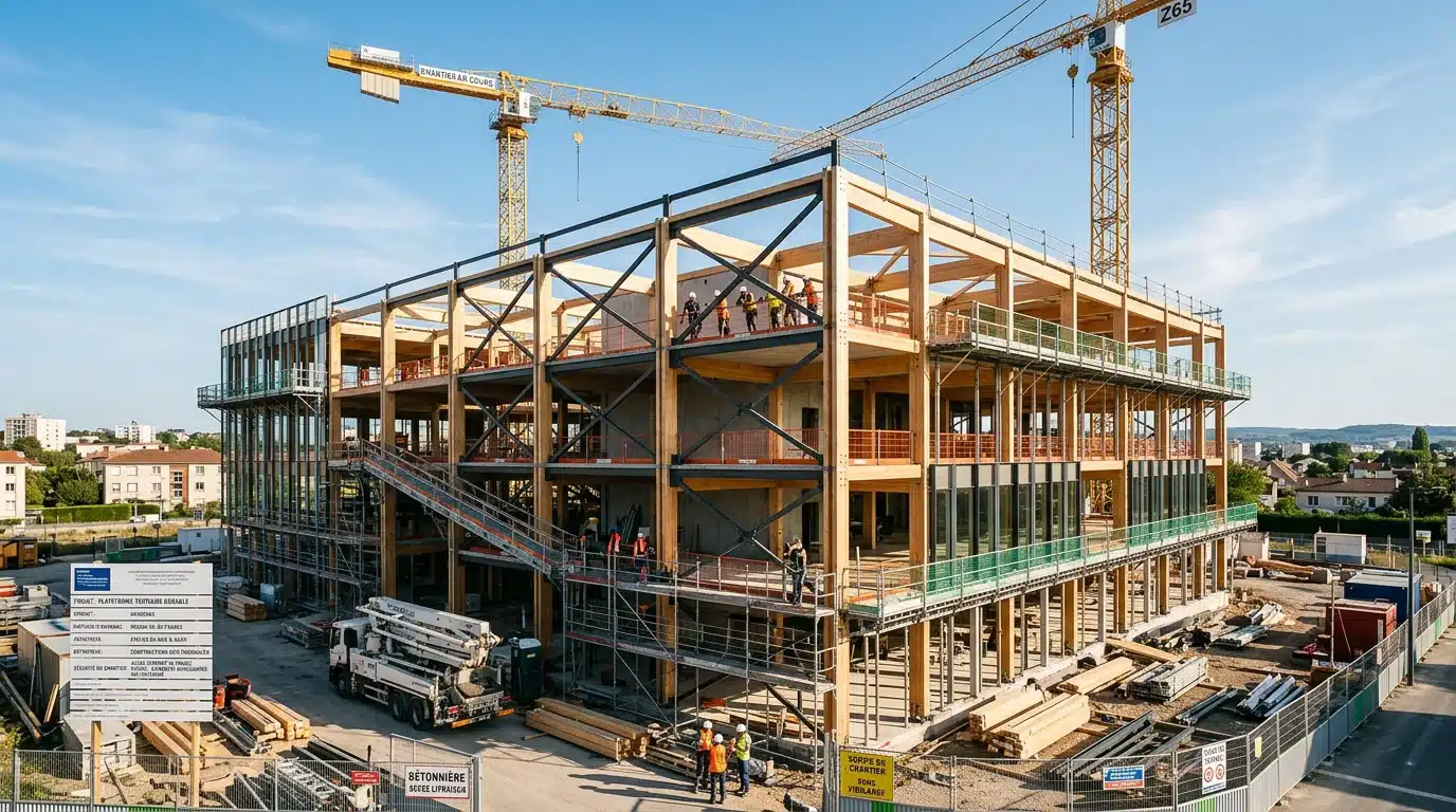 Structure de charpente bois et métallique d'un bâtiment en construction