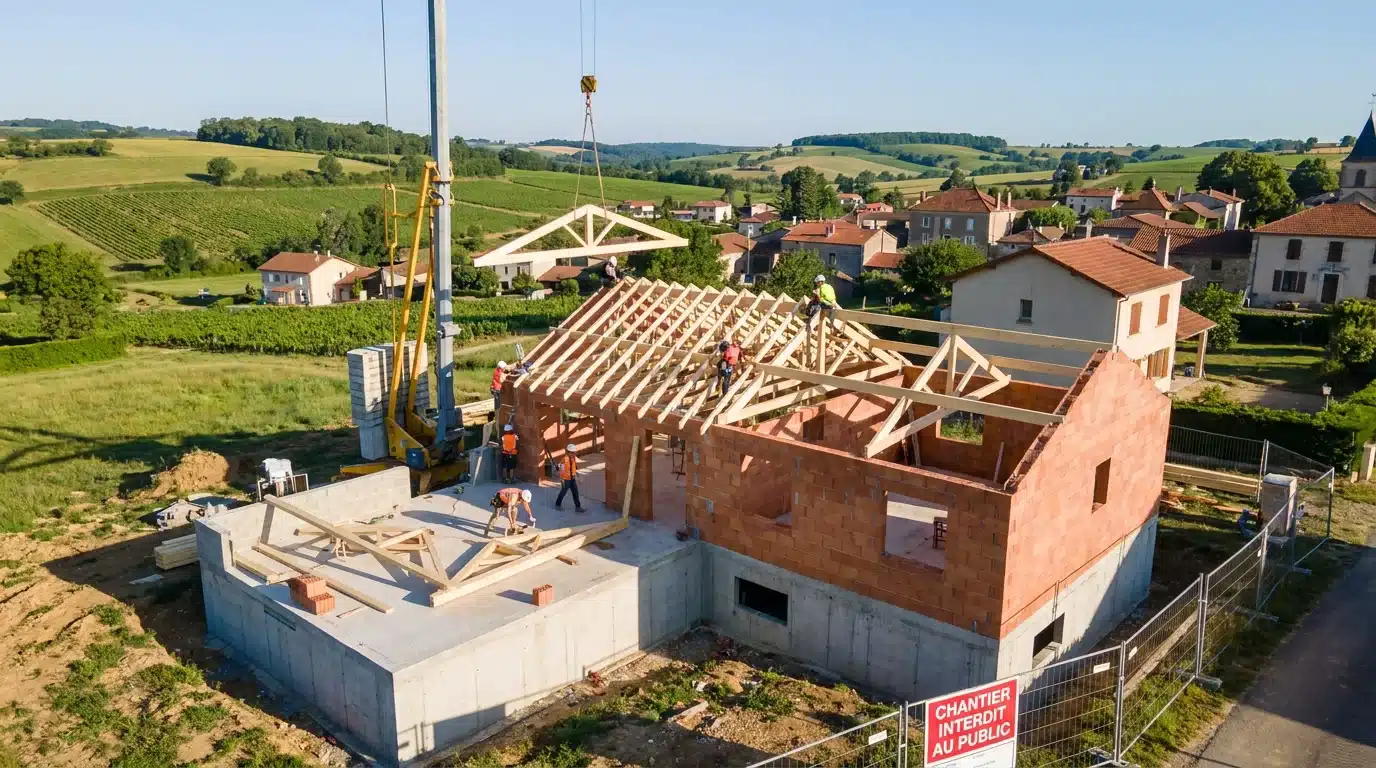 Maison individuelle en construction en France avec éléments structurels visibles
