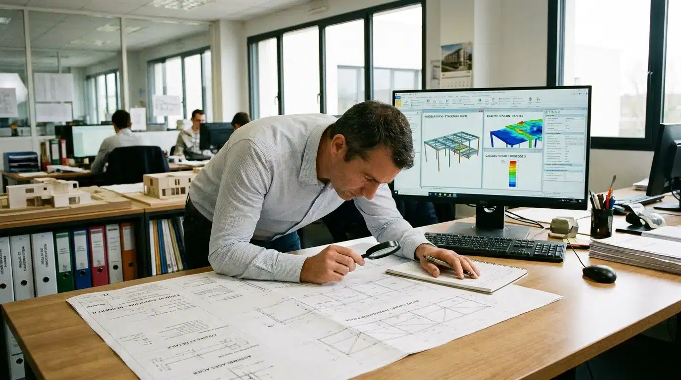 Ingénieur structure analysant des plans de maison individuelle dans un bureau d'études technique