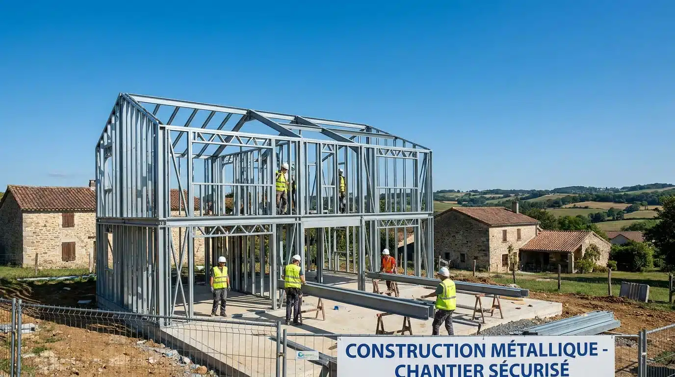 Chantier de maison individuelle avec structure métallique en cours de montage en France