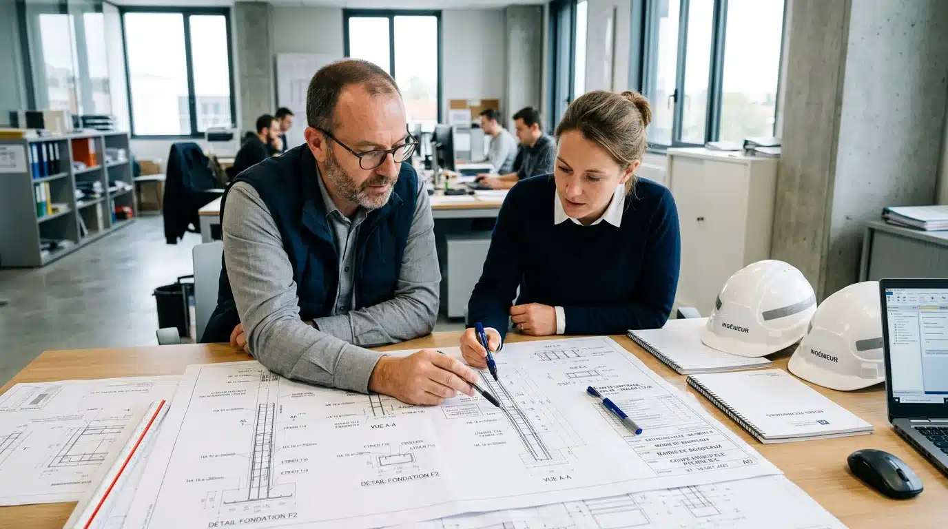Ingénieurs étudiant les plans d'une structure en béton armé