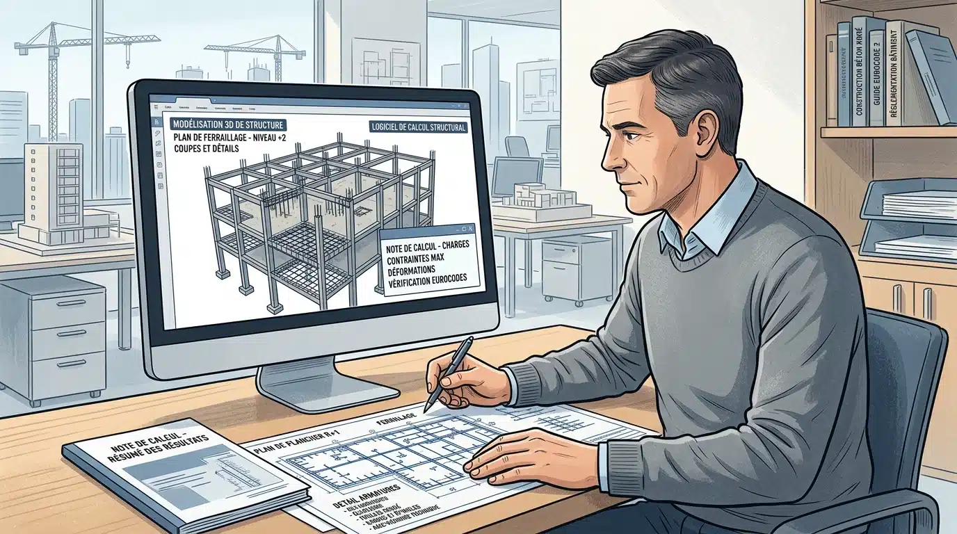 Ingénieur analysant une note de calcul et une modélisation de structure béton