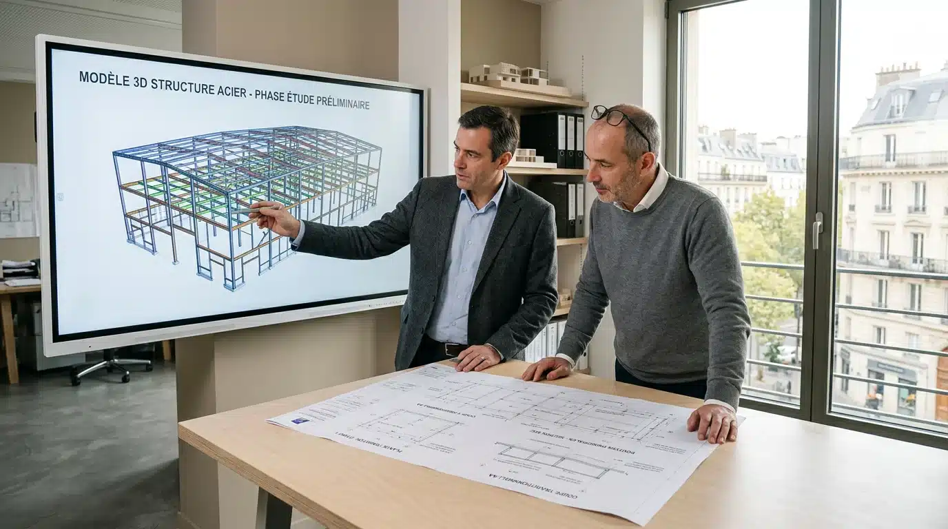 Ingénieurs analysant les plans amont d'une structure métallique