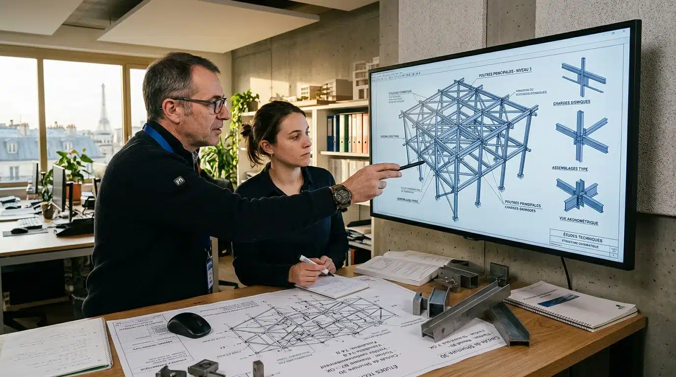 Ingénieurs analysant les plans 3D d'une structure métallique dans un bureau d'études