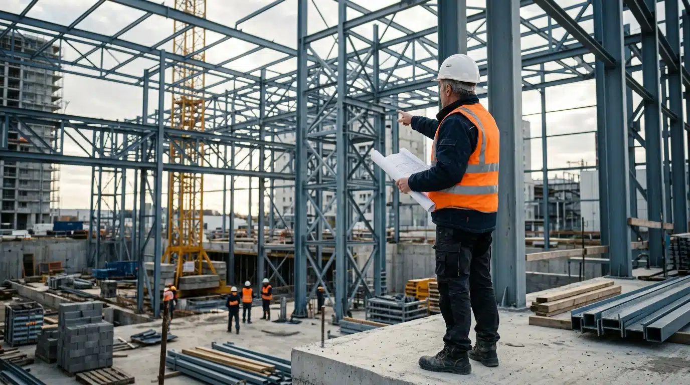 Ingénieur structure observant une charpente métallique sur un chantier