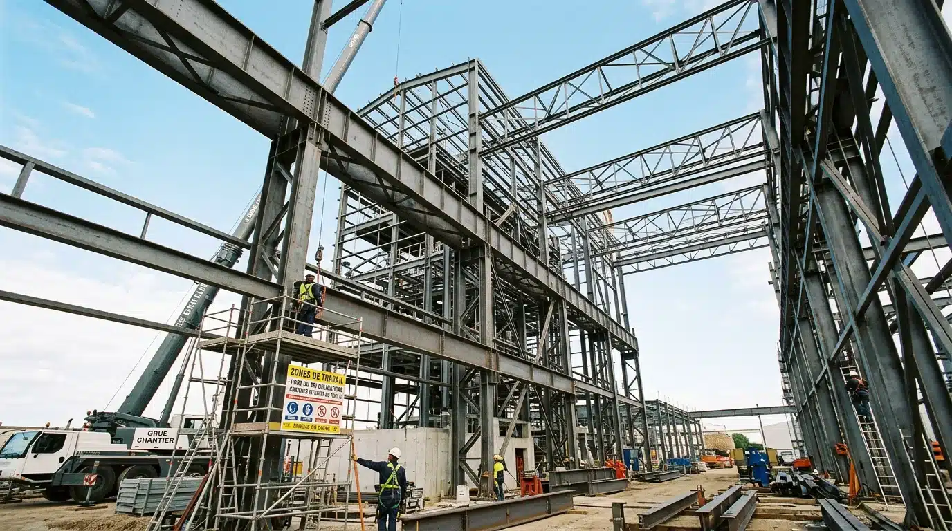 Charpente métallique en acier sur mesure sur un chantier de bâtiment industriel