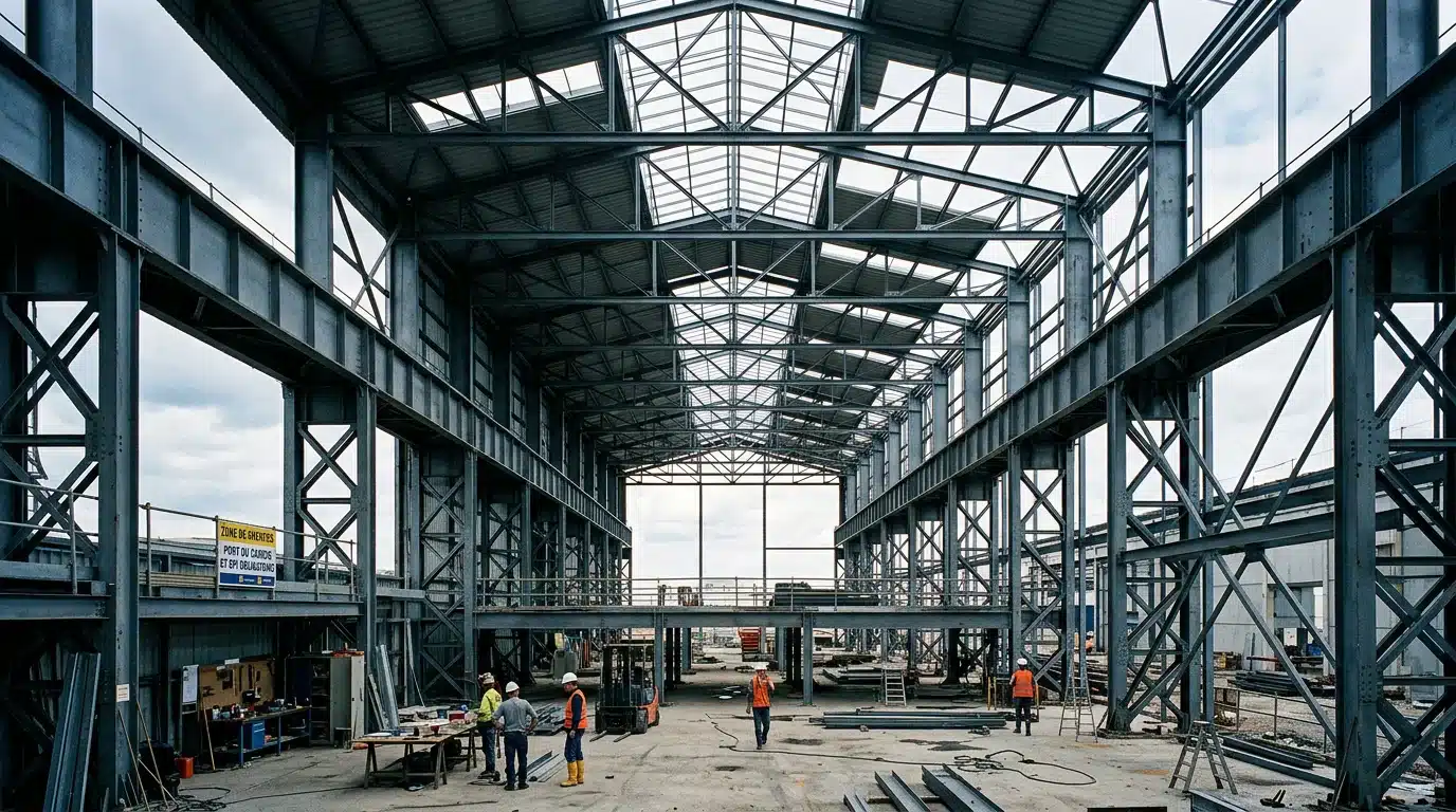 Charpente métallique en acier couvrant un hall industriel de grande portée