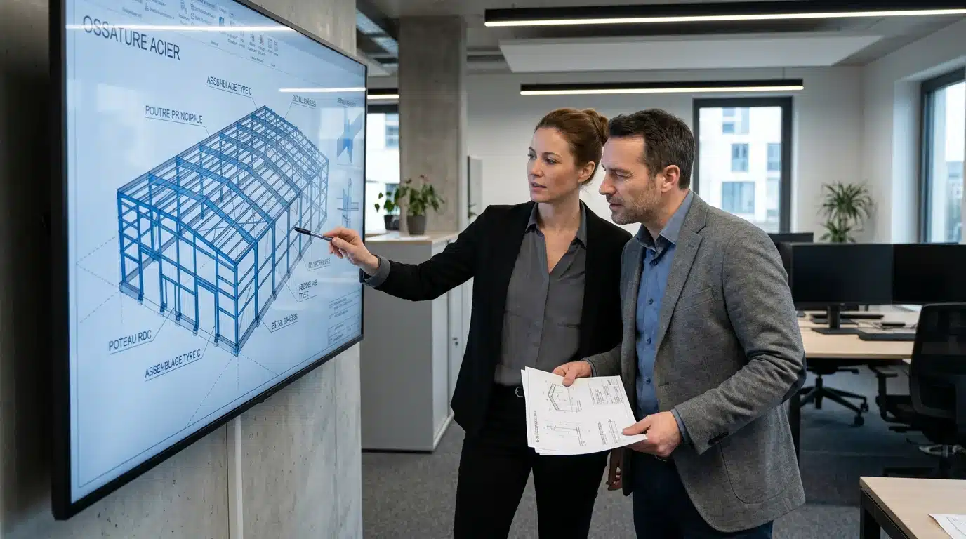 Ingénieurs analysant des plans et une modélisation 3D de charpente métallique