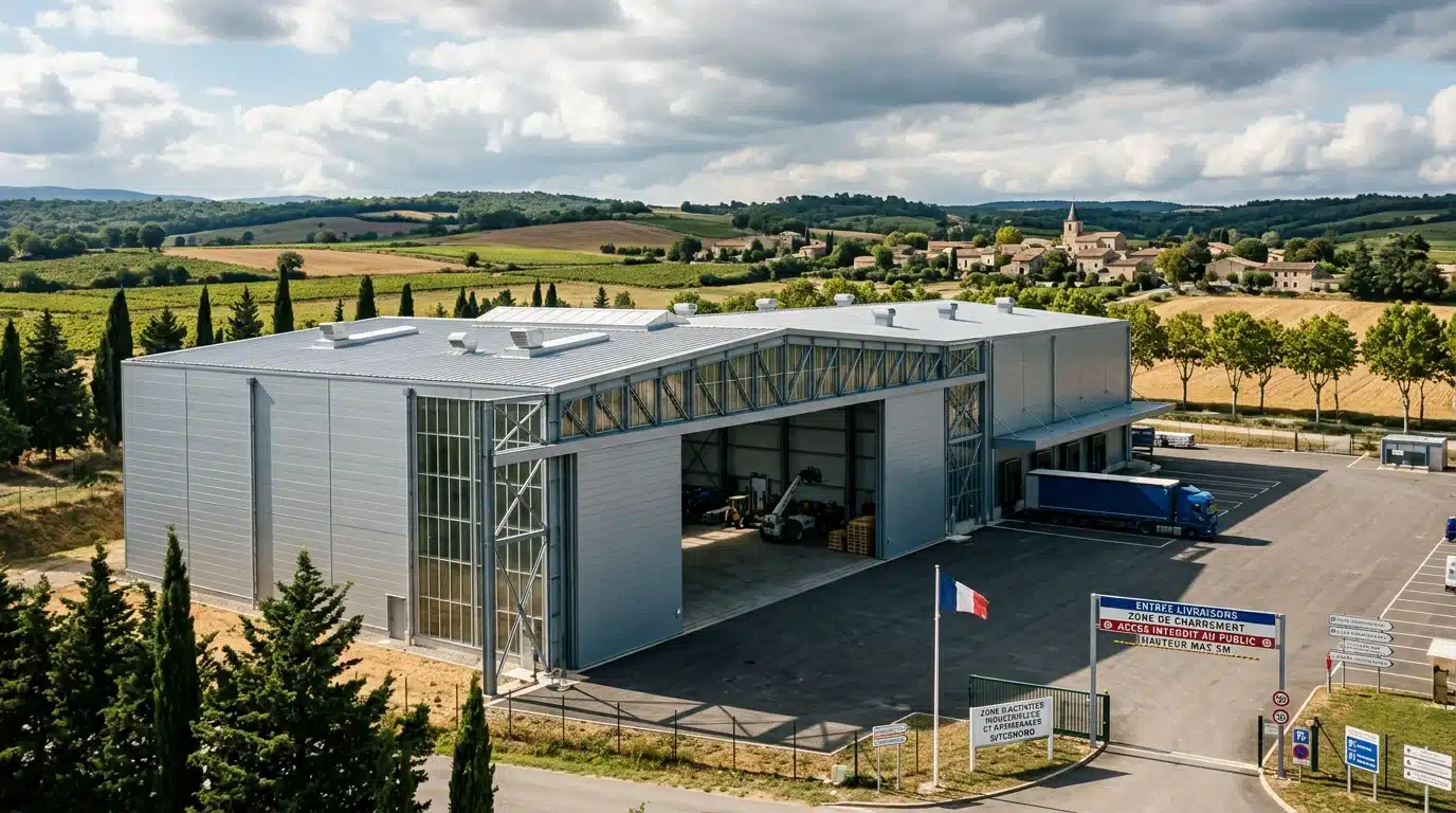 Grand hangar métallique moderne à structure acier sous lumière naturelle
