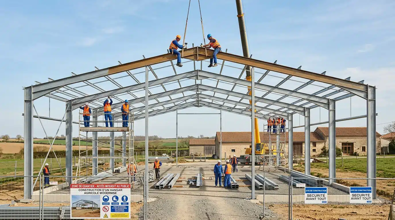 Charpente métallique d'un hangar en cours de montage sous ciel dégagé