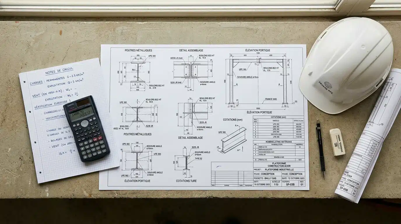 Plans techniques et notes de calcul d'une charpente métallique sur un plan de travail