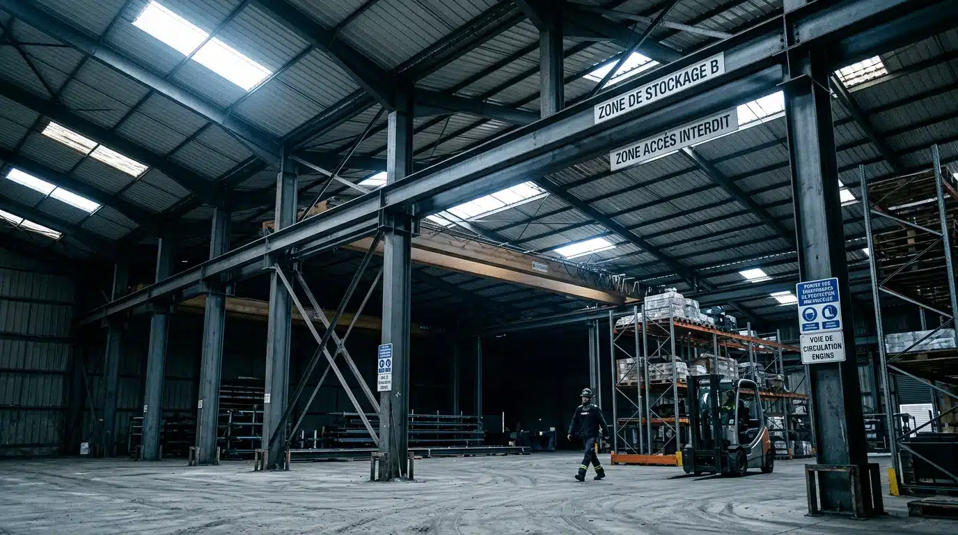 Charpente métallique industrielle avec poutres et portiques en acier apparents
