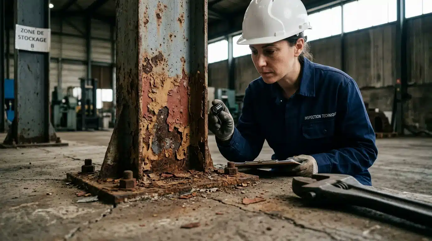 Ingénieur inspectant la corrosion en pied de poteau d'une charpente acier