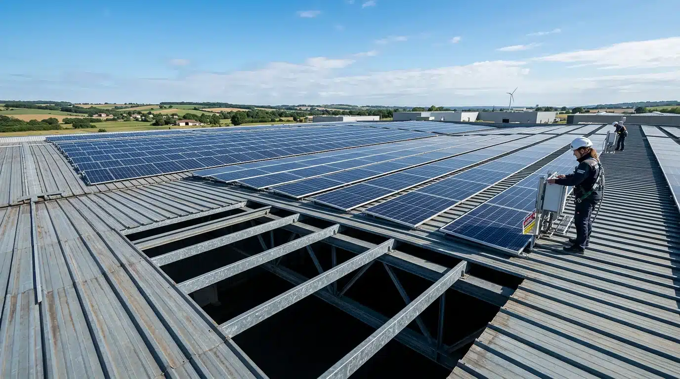 Panneaux photovoltaïques sur la toiture métallique d'un bâtiment industriel