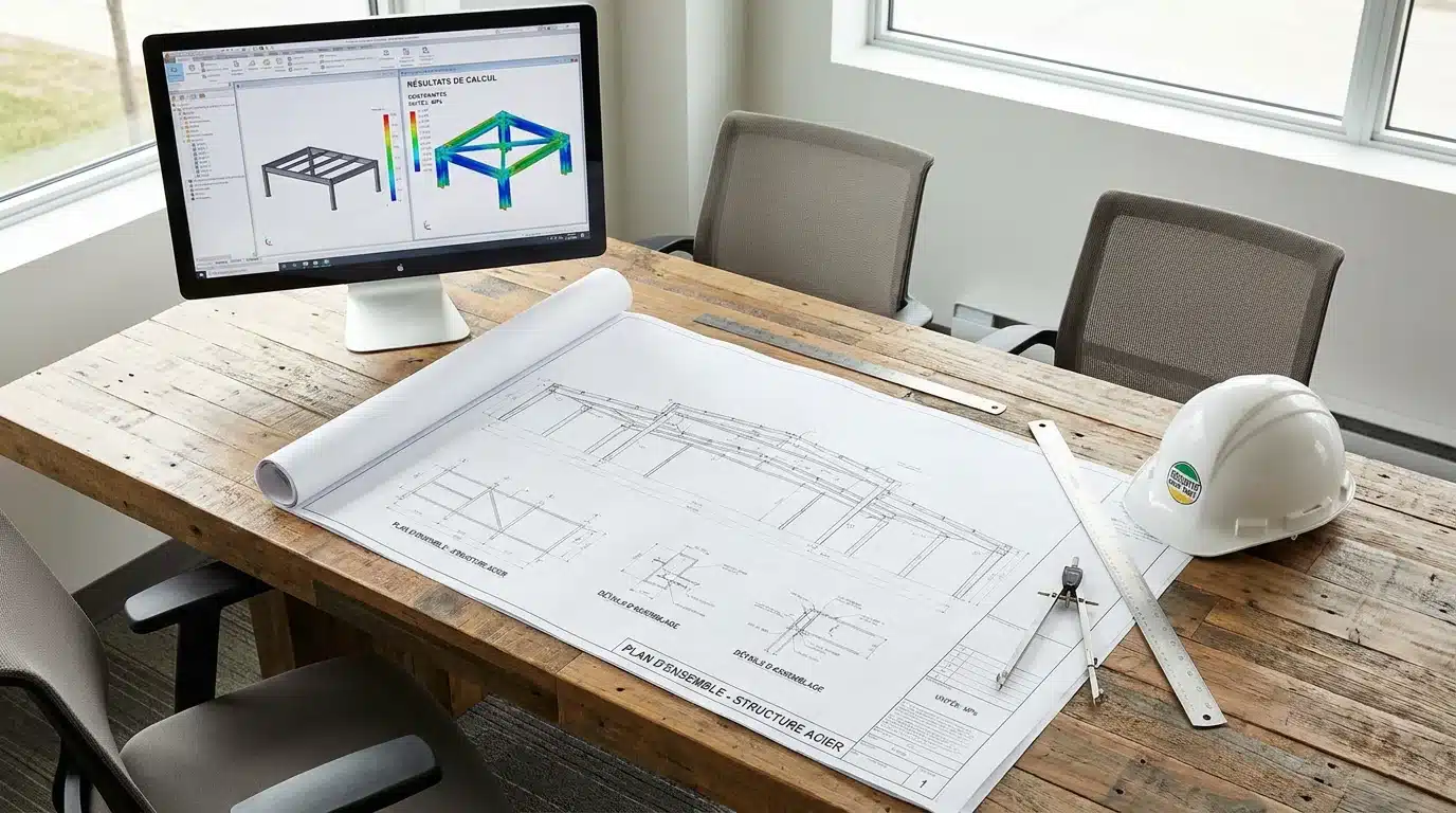 Bureau d'ingénierie structure avec plans métalliques et logiciel de calcul