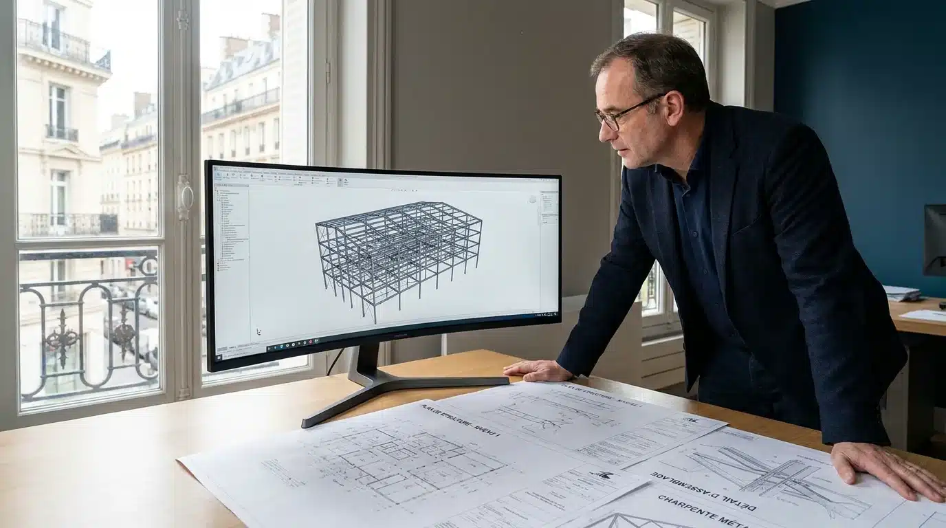 Ingénieur structure analysant un modèle 3D de charpente métallique sur écran