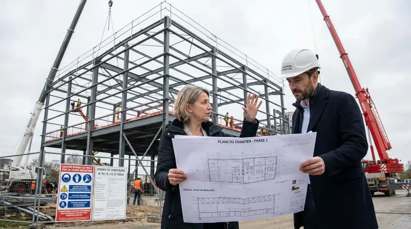 Architecte et ingénieur structure en réunion devant une charpente métallique en construction
