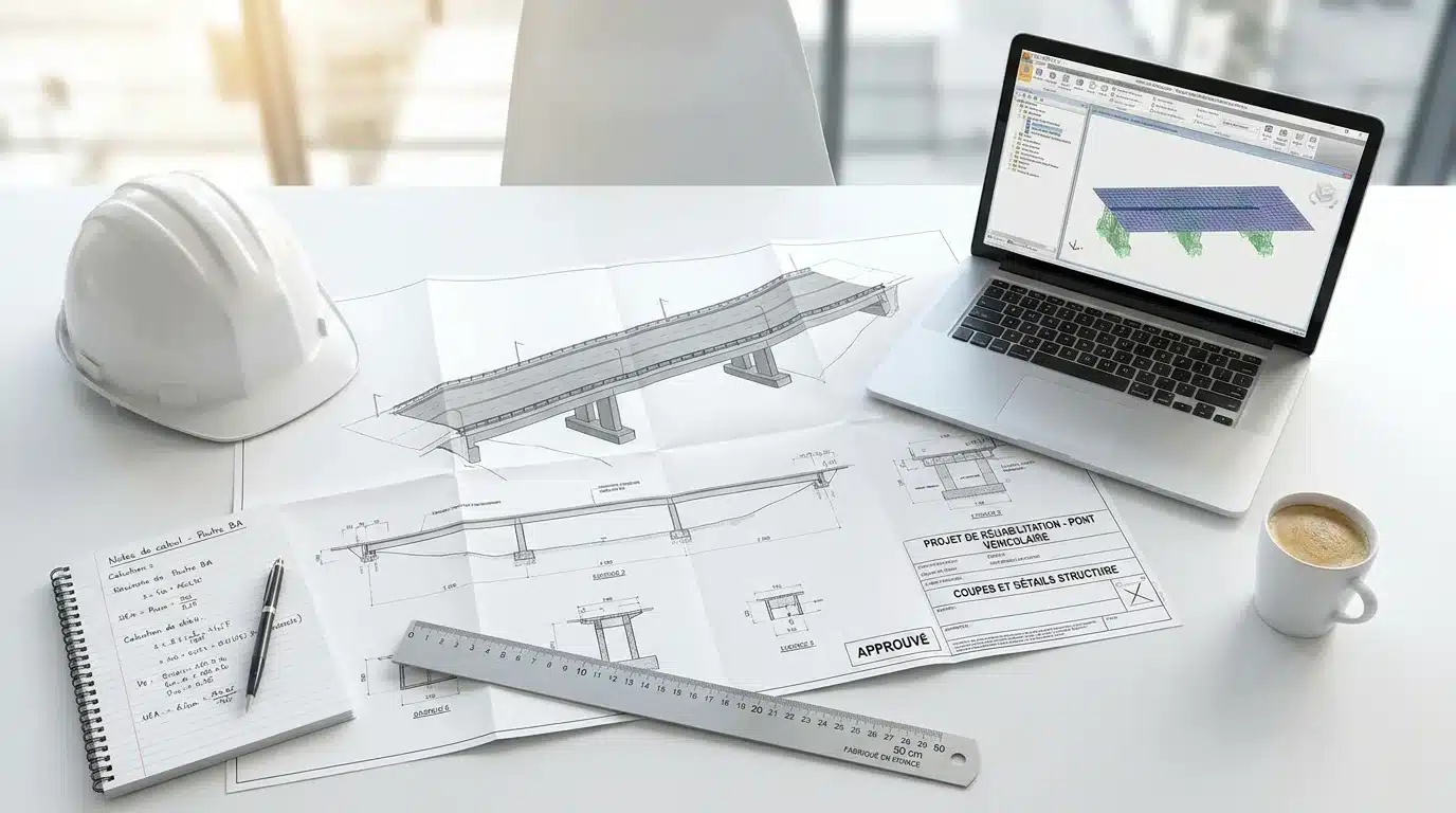 Bureau d'ingénieur structure avec plans de construction et outils de calcul en France