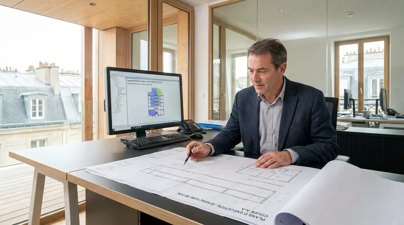 Ingénieur structure analysant des plans de construction dans un bureau d'études en France
