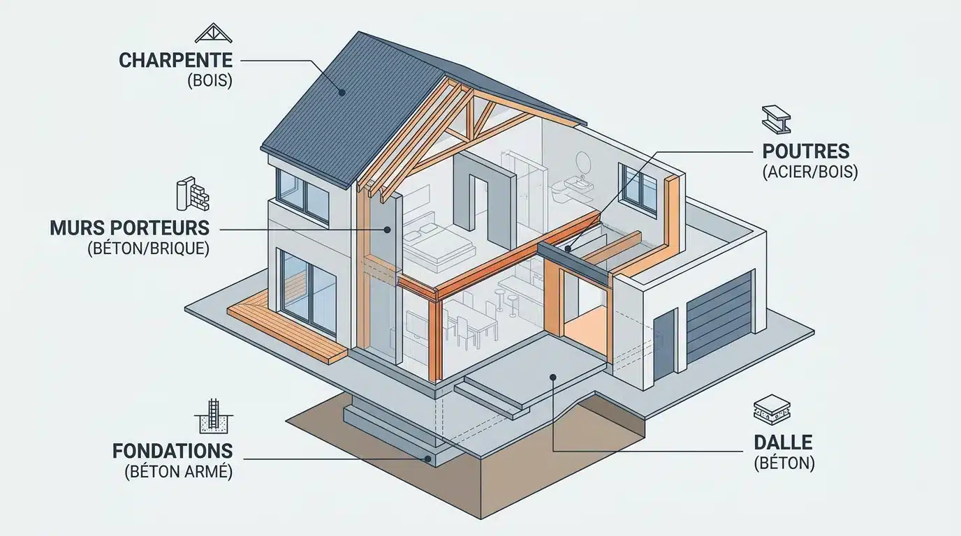 Schéma des éléments structurels d'une maison en France avec fondations, poutres et charpente