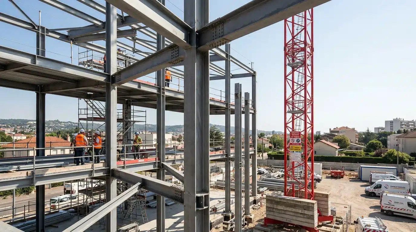 Charpente métallique en cours de montage sur un chantier de construction en France