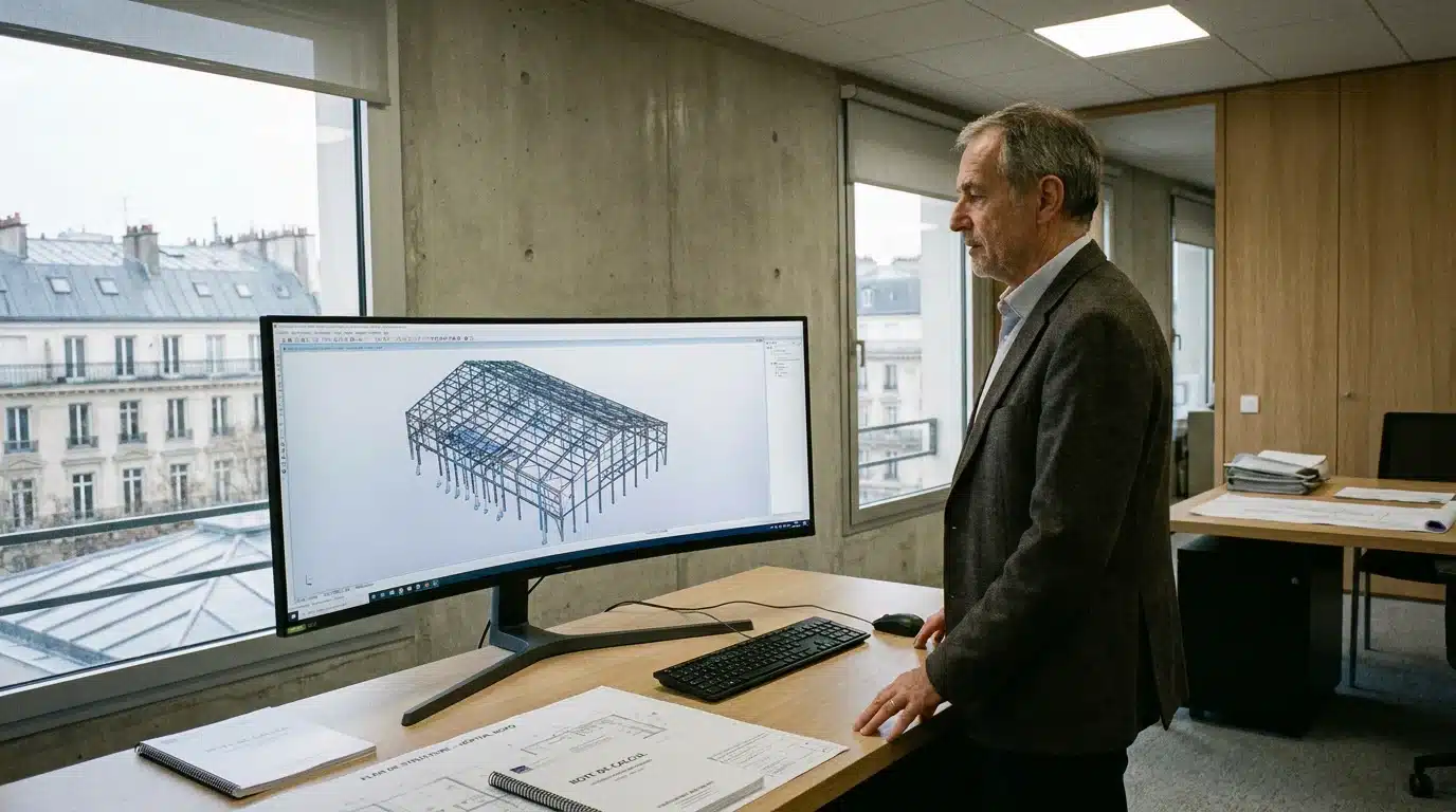 Ingénieur dans un bureau d'études en structure métallique devant un modèle 3D de charpente acier