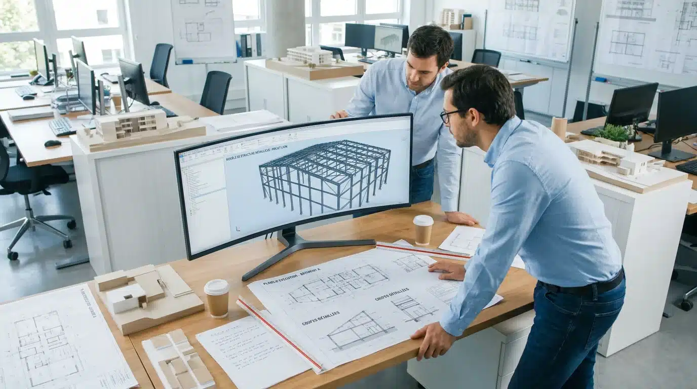 Deux ingénieurs structure collaborant sur un modèle BIM de charpente métallique