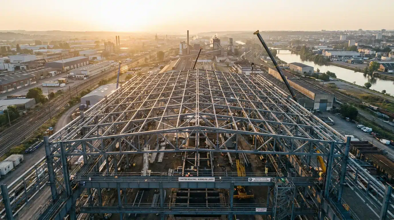 Charpente métallique en cours d'assemblage sur un chantier de construction en France