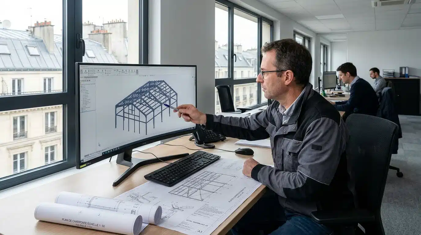 Ingénieur structure analysant un modèle 3D de charpente métallique dans un bureau d'études en France