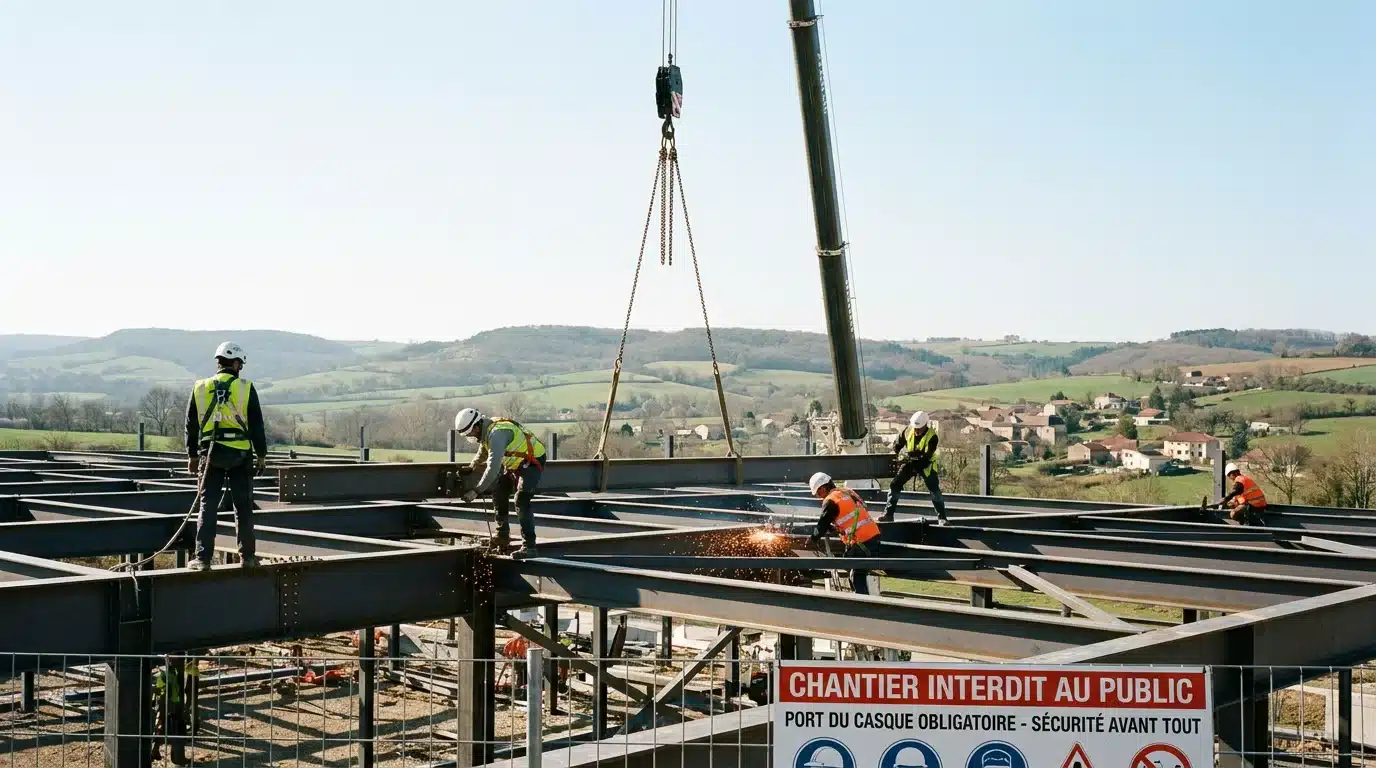 Chantier de montage d'une charpente métallique en France avec ouvriers et équipements de sécurité