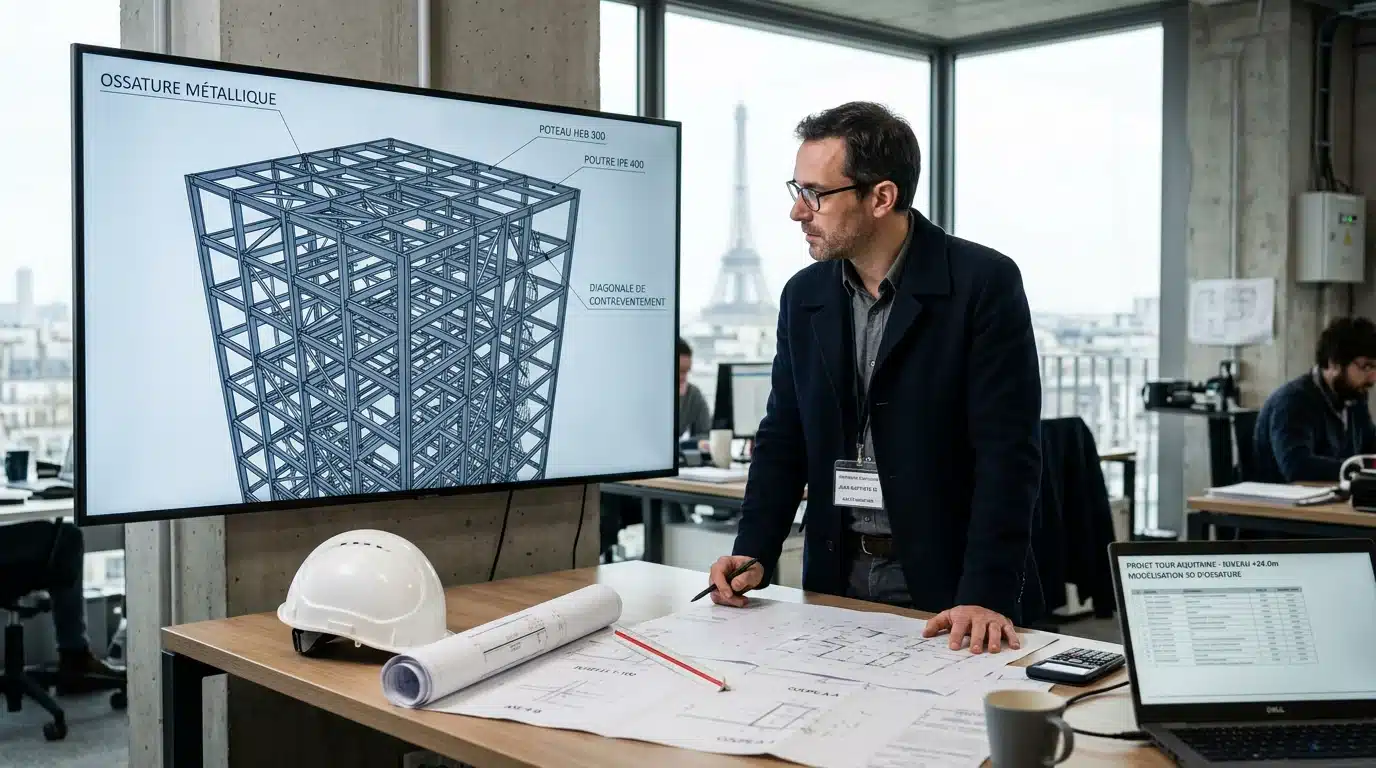 Ingénieur structure travaillant sur une modélisation 3D d'ossature métallique