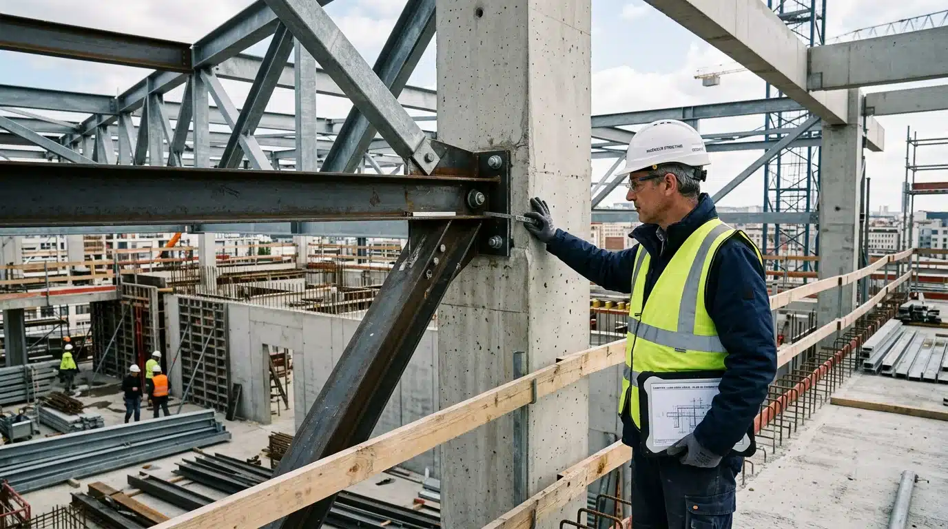 Ingénieur structure analysant une charpente métallique et une structure en béton sur un chantier