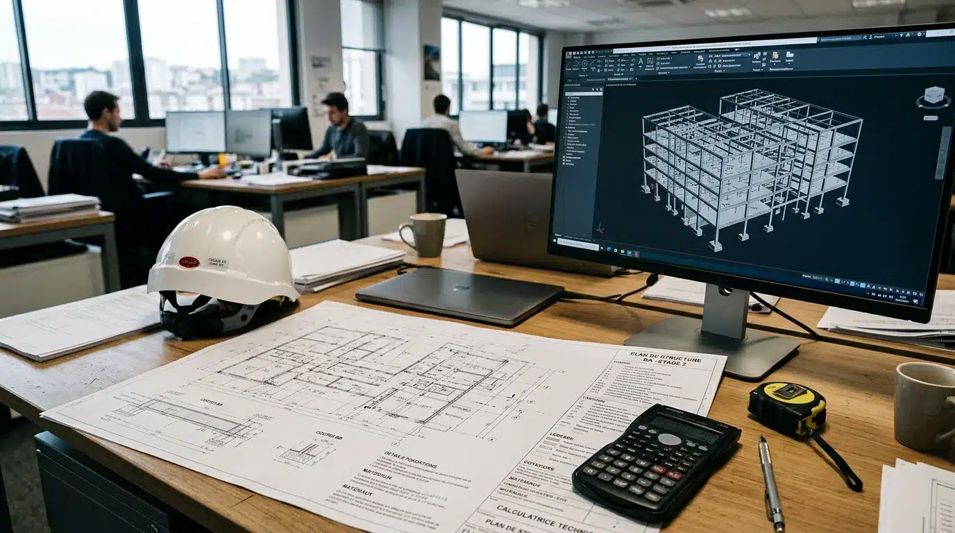 Plan de structure et modélisation 3D d'ossature sur un bureau d'ingénierie