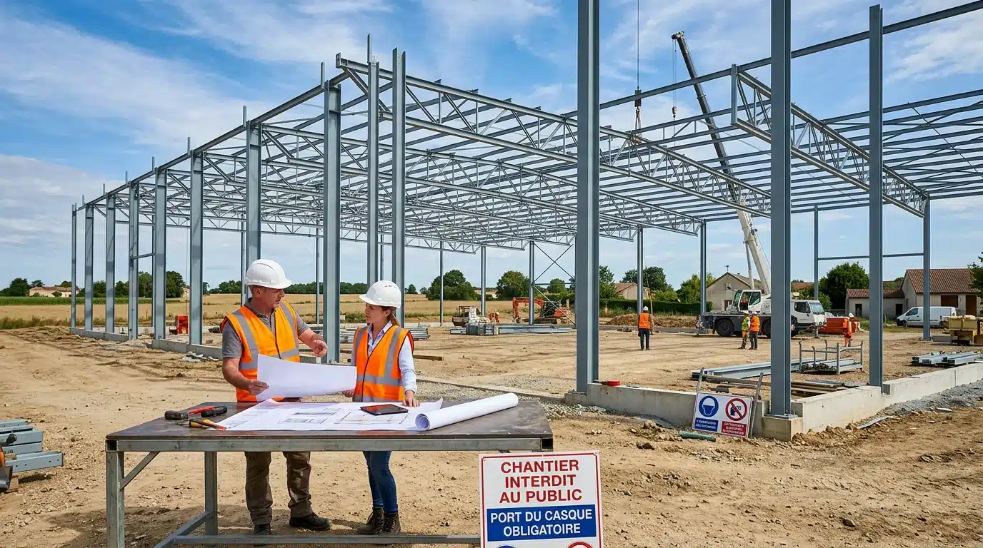 Chantier de structure métallique supervisé par des ingénieurs en France