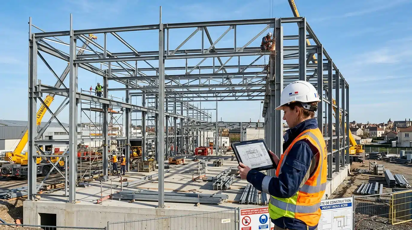 Ingénieur contrôlant une ossature métallique sur un chantier en France