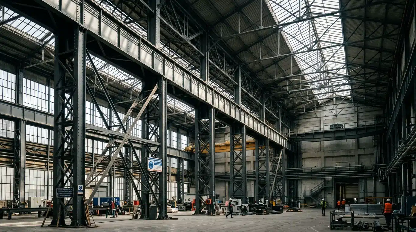 Charpente métallique d'un bâtiment industriel vue de l'intérieur